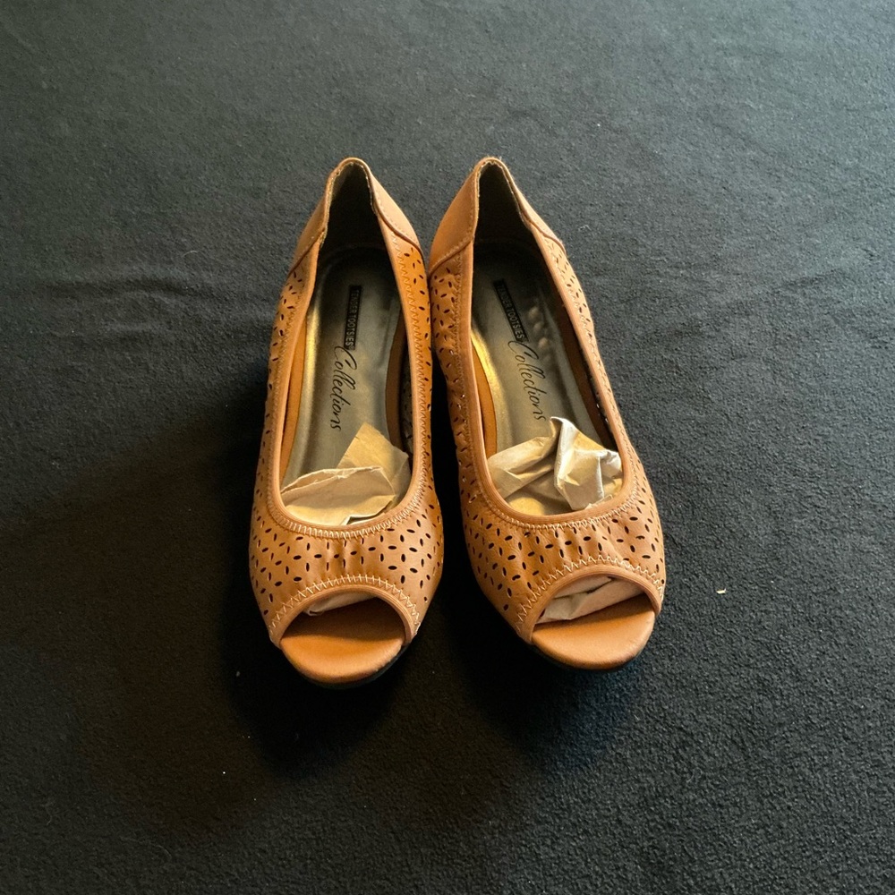 Sears Tan Peep-Toe Heels